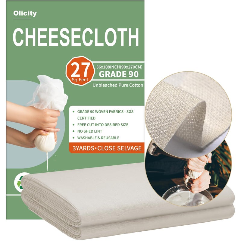 Olicity Cheese Cloths, Grade 90, 27 Sq Feet, Reusable Cheese Cloth with Closed Edges Unbleached Cotton Cheesecloth for Straining, Fine Mesh Fabric Muslin Cloth for Cooking, Rice,Sushi,Crafts - 3 Yards - Image 1